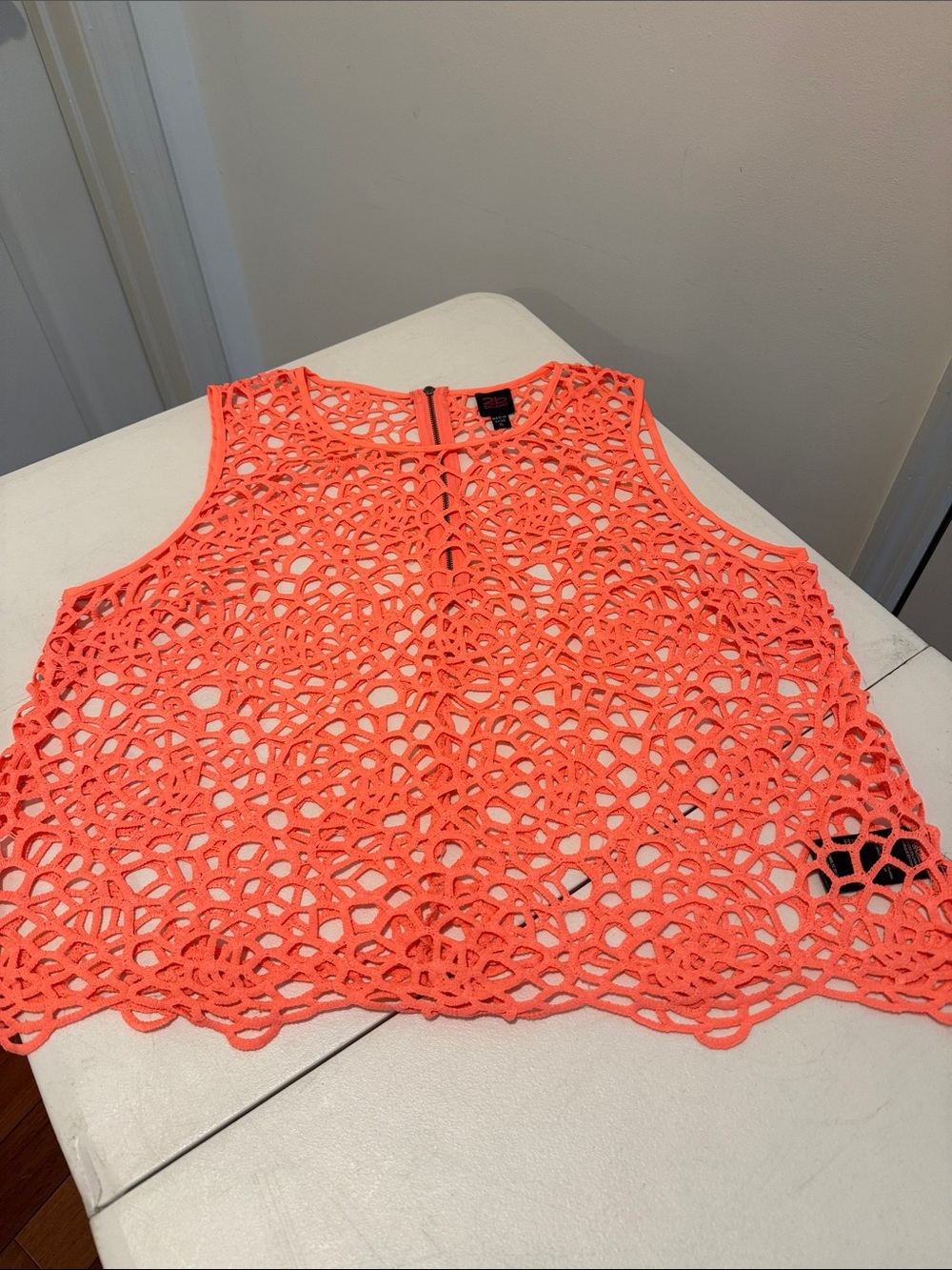 Beach Party Summer Neon Coral Crochet Tank Top Bikini Cover Up Zippered Back XL - Picture 4 of 11